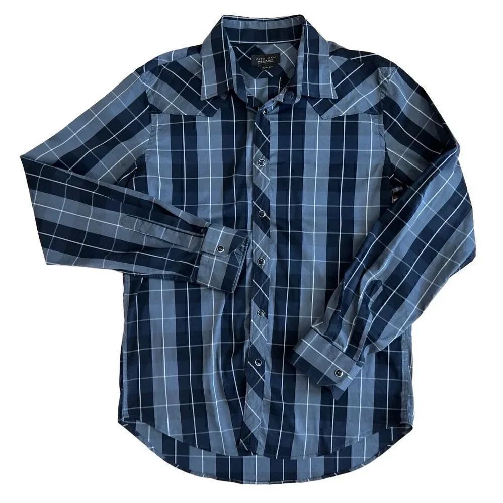 Zara Man plaid button down shirt Navy Grey slim fit size XL